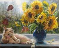 Без бренда «Подсолнухи в синей вазе возле кота» в Ставрополе