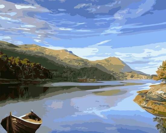 Картина по номерам 40x50 Лодка на реке среди гор