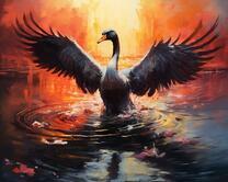 Черный лебедь на темном озере