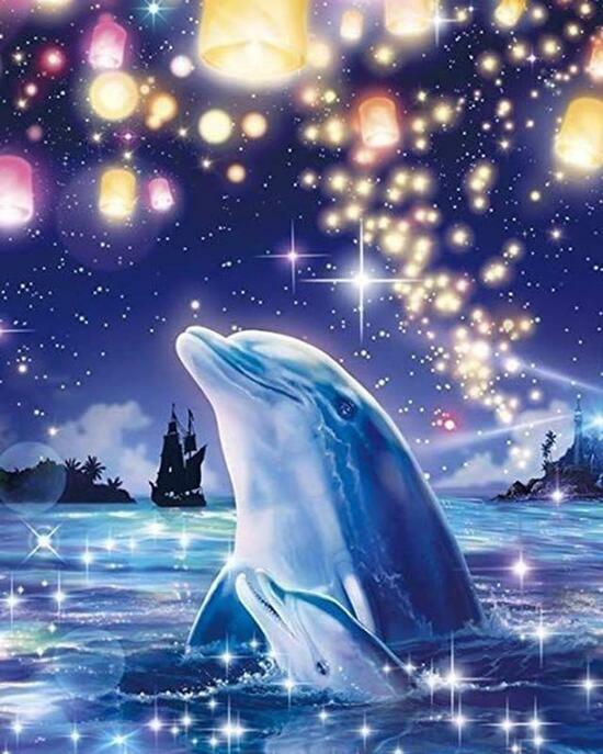 Алмазная мозаика 40x50 Пара дельфинов под звездным небом
