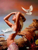 Обнаженная девушка и голуби
