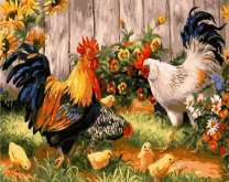 Петухи, курицы и цыплята на цветущем дворе