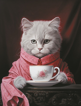 Серьезная кошечка за чаепитием