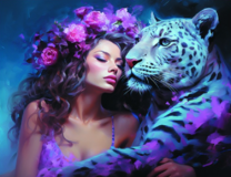 Девушка и леопард на синем фоне