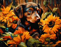 Щенок в оранжевых цветах